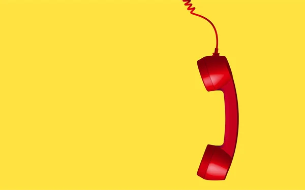 3D kırmızı telefon alıcısı sarı arka planda izole edildi. Retro analog telefon seti. Eski iletişim teknolojisi. nesne bileşimi sağ arkaplan vektör çizimi