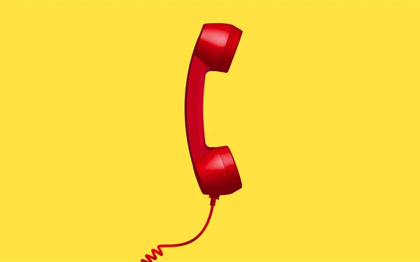 3D kırmızı telefon alıcısı sarı arka planda izole edildi. Retro analog telefon seti. Eski iletişim teknolojisi. Vektör illüstrasyonu
