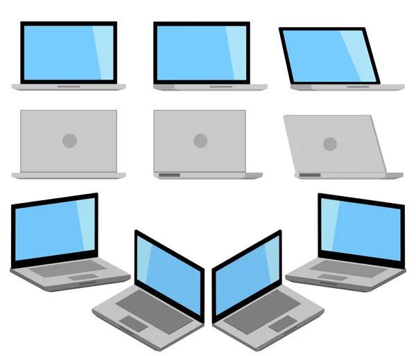 Minimum dizüstü bilgisayar beyaz arkaplanda izole edildi. Dizüstü bilgisayarı 90 derece ekran modeliyle açın. Perspektif ön ve arka bilgisayar görüntüsü. Düz tasarım vektör çizimi. 