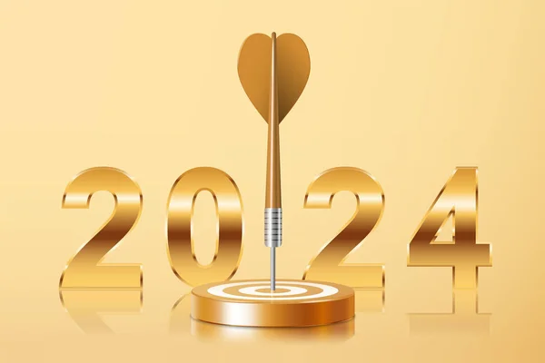2024 altın alfabe numarası 3D altın okla dart tahtasının ortasına isabet etti. Hedefte ok var. İş yatırımı hedefi, fikir sorunu, nesnel strateji, yıl odaklı konsept resimleme