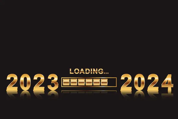 Altın numara 2023 siyah sahneyle 2024 'e yükleniyor. Üç boyutlu sayı sembolü. 2024 Mutlu Yıllar. 2024 'ün altın metalik kaligrafik rakamlarının tatil illüstrasyonu. Bayram posteri ya da afiş tasarımı. Modern harf işareti kompozisyonu
