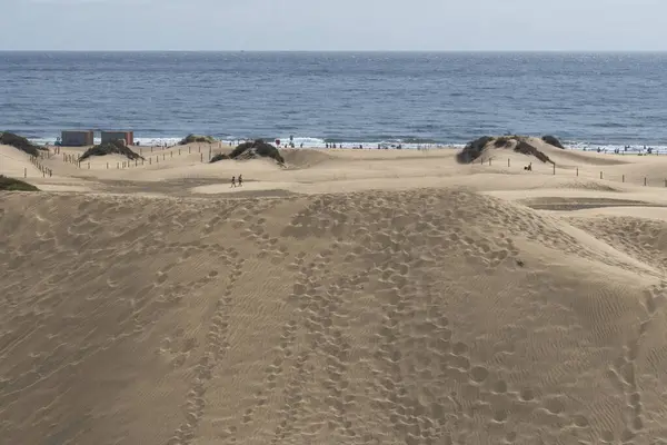 Maspaloma, Gran Canarias adasında, okyanus kenarındaki kum tepelerinde ayak izleri.