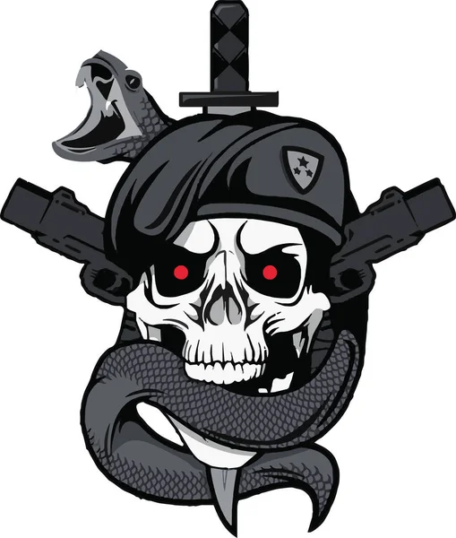Cobra Enrolada Num Crânio Com Boné Militar Punhal Armas Ilustração — Vetor de Stock