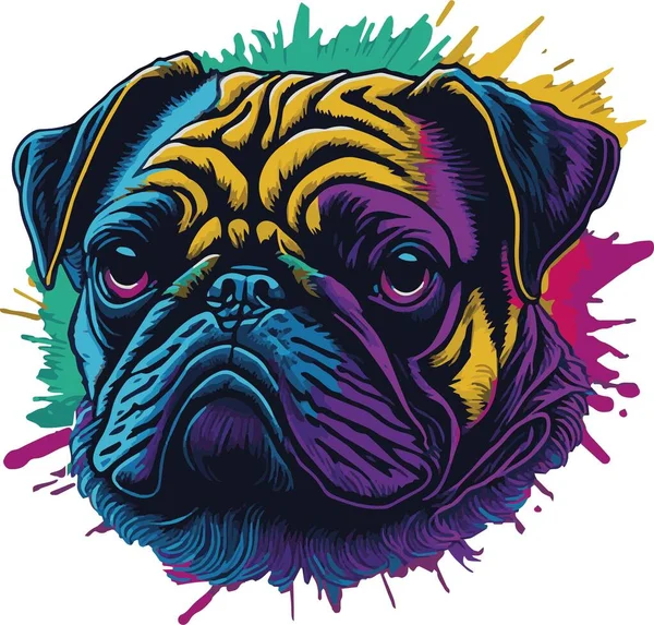 Pug Dog Arc Élénk Neon Ecsetvonásokkal Vektoros Illusztráció Póló Kapucnis — Stock Vector