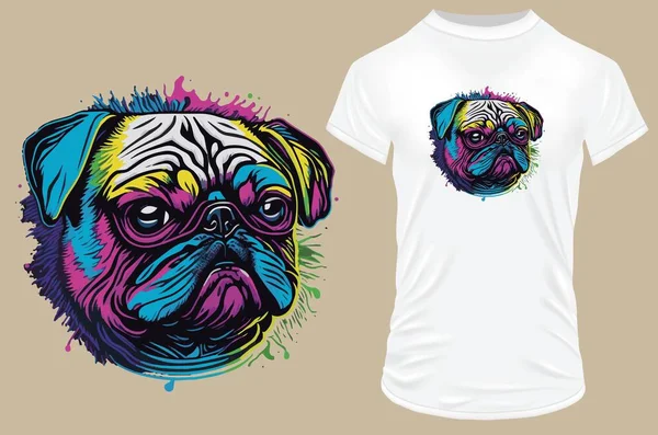 Cara Perro Pug Vibrantes Pinceladas Neón Ilustración Vectorial Para Camisetas — Vector de stock