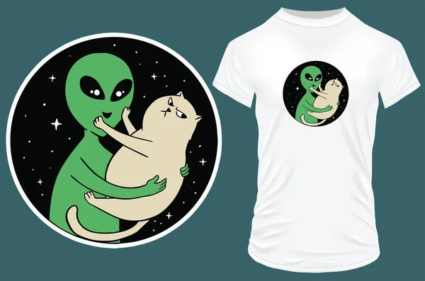 Alien Con Gato Camiseta Diseño — Vector de stock