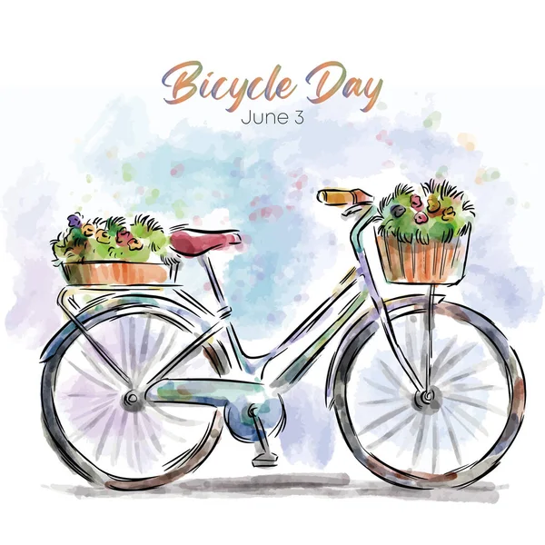 Acuarela Ilustración Dibujada Mano Bicicleta Flores Día Bicicleta — Archivo Imágenes Vectoriales