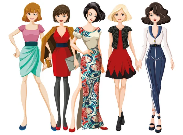 Illustration Vectorielle Groupe Femmes Vêtements Rétro — Image vectorielle