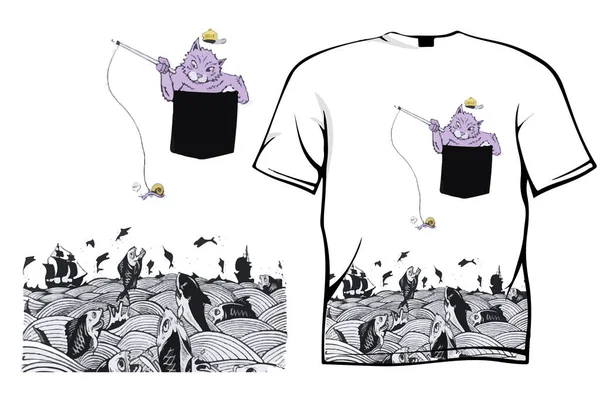 Kat Vissen Shirt Ontwerp Vet Illustratie — Stockvector