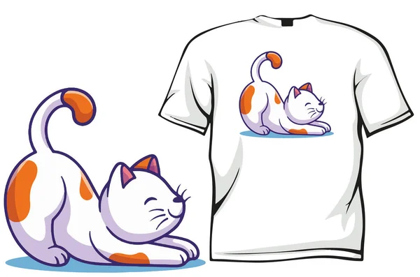 Schattig Kat Cartoon Illustratie Shirt Ontwerp — Stockvector