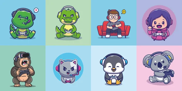 Cute Cartoon Animals Gamers Set — Stock Vector