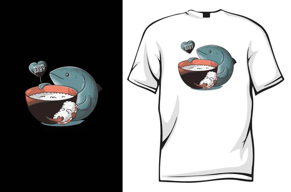 Fisch Sushi Zeichentrickfigur Illustration Shirt Design — Stockvektor