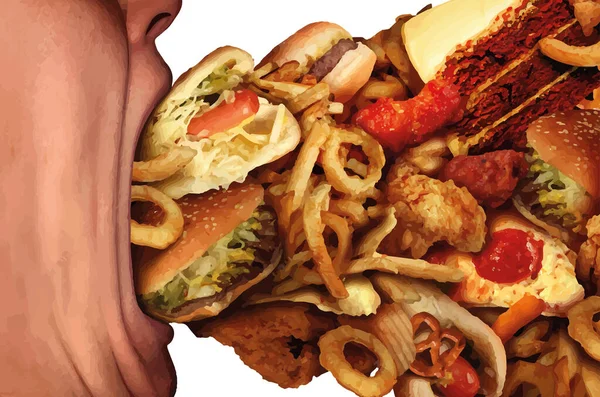Zbliżenie Widok Człowiek Jedzenie Śmieci Żywności — Wektor stockowy
