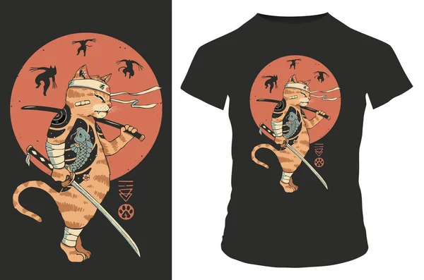 Samurai Gato Ferido Shirt Design — Vetor de Stock