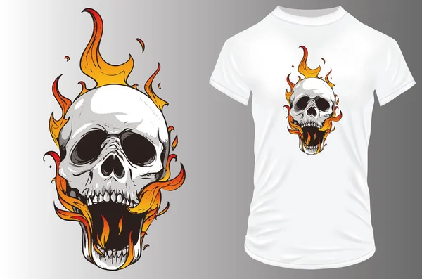 Diseño Impresión Camisa Con Cráneo Cráneo Con Ilustración Fuego — Vector de stock