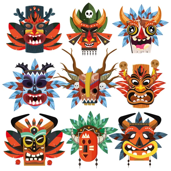 Coloridas Máscaras Tribales Conjunto — Archivo Imágenes Vectoriales