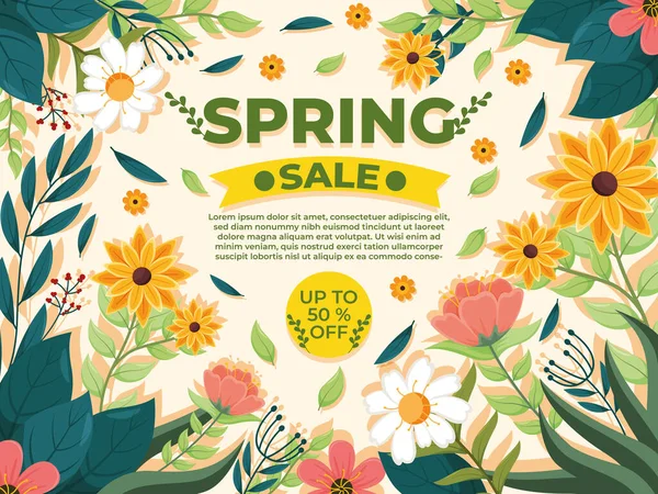 Banner Venda Primavera Com Flores Folhas —  Vetores de Stock