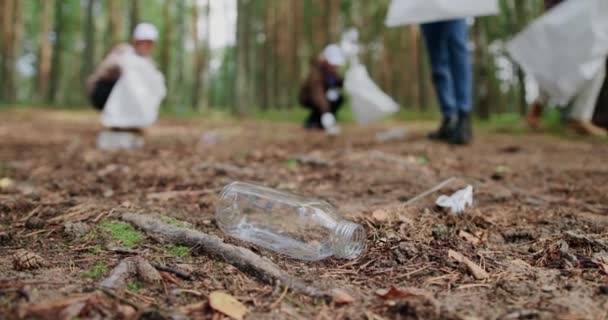 Gente Pulisce Foresta Raccoglie Spazzatura Uomo Raccoglie Una Bottiglia Plastica — Video Stock