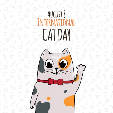 Happy International Cat Day, 8th August. Adopt me. Greeting or invitation card vector design. Cute cat in vintage cartoon style. Vector illustration.