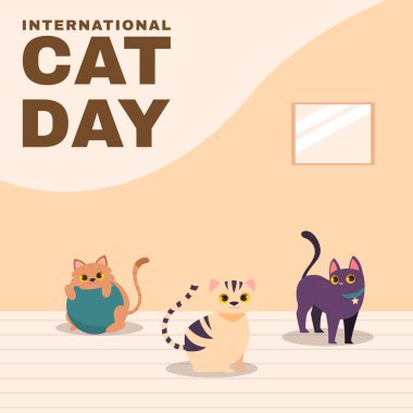 Happy International Cat Day, 8th August. Adopt me. Greeting or invitation card vector design. Cute cats smiling in vintage watercolor cartoon style. Vector illustration.