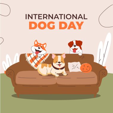 Happy International Dog Day, 26th August. Greeting card vector design. Cute dogs in vintage cartoon style. Vector illustration.