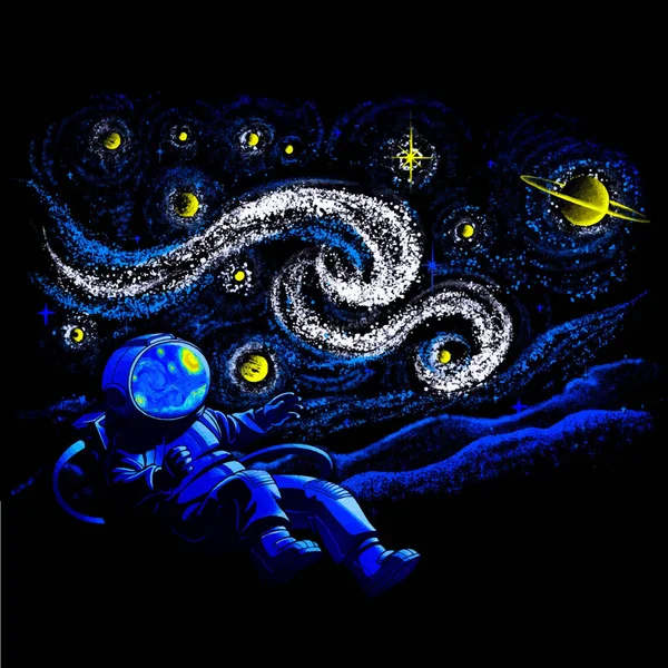 Astronaut Lost Space Starry Night Vector Illustration Shirt Hoodie Website — Stock Vector