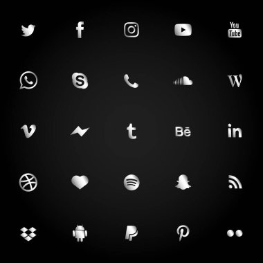 RWP, Pakistan. 07 12 2018. Gümüş renkli yuvarlak köşeli popüler sosyal uygulamaların simgesi. Sosyal medya tasarımınız için siyah arka planda modern tasarım simgeleri. Vektör Ayarları EPS 10