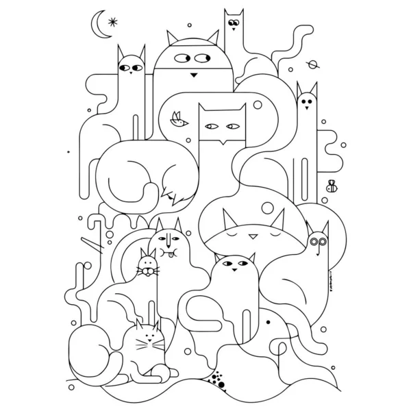 Koty Rysunek Geometryczny Konturze Lub Stylu Sztuki Linii Ilustracja Wektorowa — Wektor stockowy
