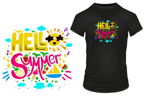 Hello Summer Typography Colorful Doodles Vector Illustration Tshirt Website Print — Stock Vector