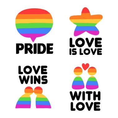 LGBTQ topluluk simgelerinin vektör seti retro gökkuşağı bayrağı renkli unsurlar, gurur sembolleri, cinsiyet işaretleri. Gurur dolu bir ay sloganı ve tabirleri. Eşcinsel geçit töreni harika bir kutlama. Görüntü.