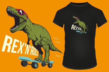 Rex n roll. Komik T-Rex dinozor nükteli gözlükleri paten skorlarında. Tişört, web sitesi, baskı, klip sanatı, poster ve baskı için vektör illüstrasyonu.