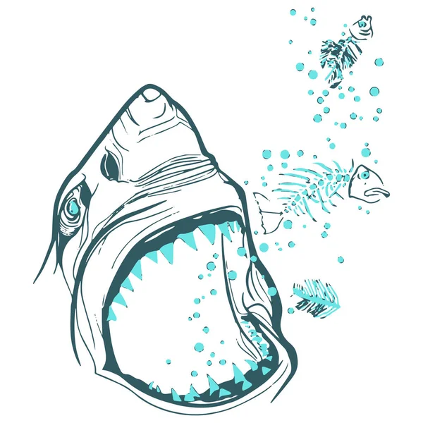魚を食べている怒っているサメのシルエット Tシャツ ウェブサイト プリント クリップアート ポスター 印刷用のベクトルイラスト — ストックベクタ
