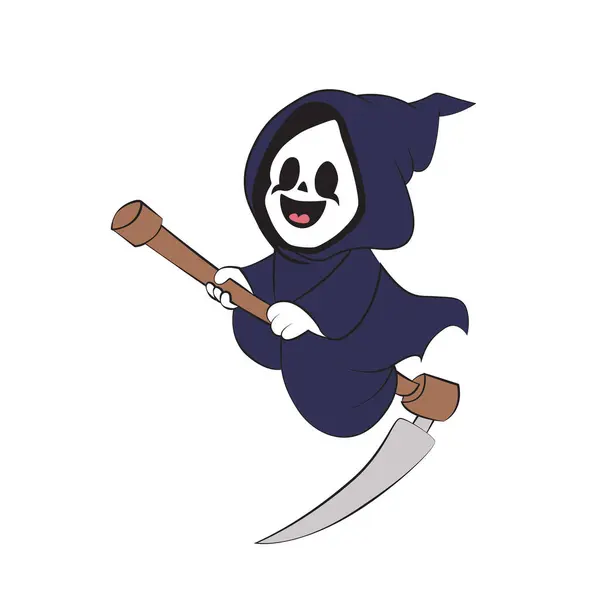 stock vector Cute happy grim reaper cartoon riding on its scythe. Vector illustration for tshirt, website, print, clip art, poster and custom print on demand merchandise.