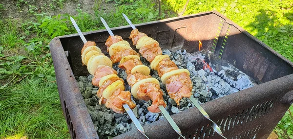 Kawałki Wieprzowiny Cebulą Szaszłykach Grillowane Bliska Tradycyjne Kebaby Przygotowane Wakacje — Zdjęcie stockowe
