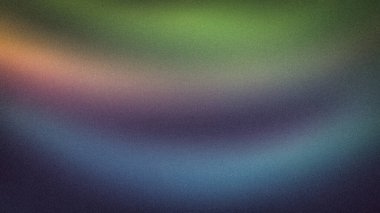 Yeşil, mavi, mor ve turuncu renklerin yumuşak geçişleriyle, dijital tasarımlar, arka planlar ve afişler için mükemmel bir rüya gibi, tanecikli soyut bir gradyan.