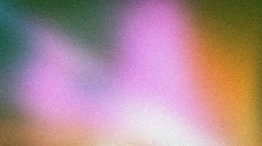 Mor, yeşil ve turuncu renkli canlı bir gradyan ile etkileyici 4K soyut arkaplan, belirgin bir tanecikli dokuya sahip