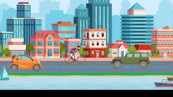 Flat Cartoon City Day Loop Animated Бізнес Центр Дорожньою Авеню — стокове відео