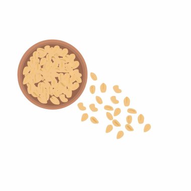 Vector illustration of peanuts sitting in a chocolate bowl with some sprinkled nuts on a white background. Flat design 