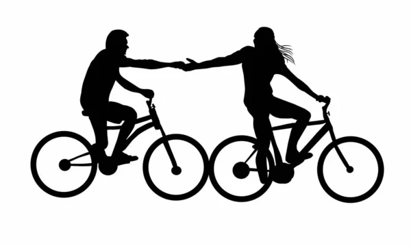 女性と男性のペアリングサイクリングと握手のイラスト 誰が恋をしている 夫婦の感謝の日だ デザインシルエット — ストックベクタ