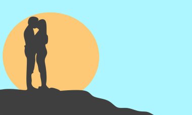 Vektör illüstrasyonu, plajda sarılıp öpüşen erkek ve kadın çiftin günbatımı arka planı..