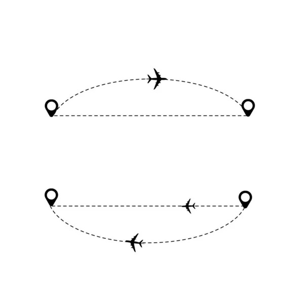 Set Linea Tratteggiata Rotta Aereo Con Icona Posizione — Vettoriale Stock