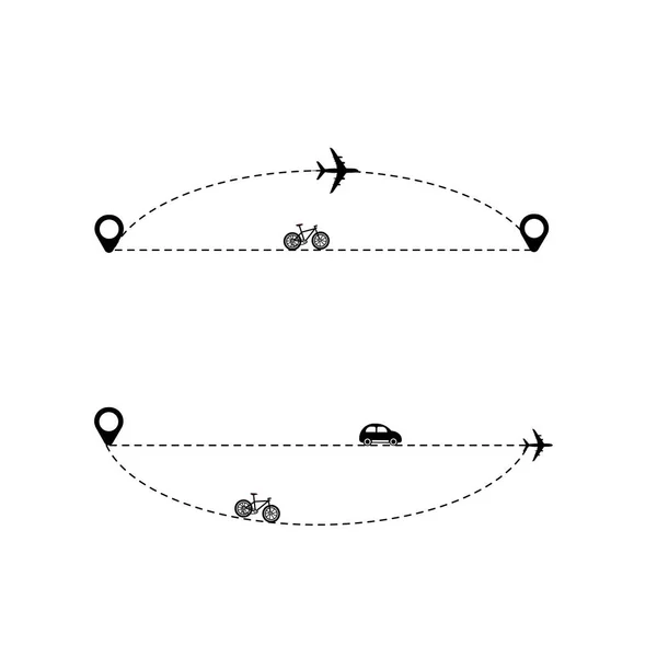 位置アイコン付き破線航空機経路のセット — ストックベクタ