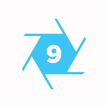 İlk Mektup 9 Fotoğraf Makinesi Lens Konsepti. Fotoğraf Logosu Kombine edilmiş 9 Harf Kamera İşareti Logosu