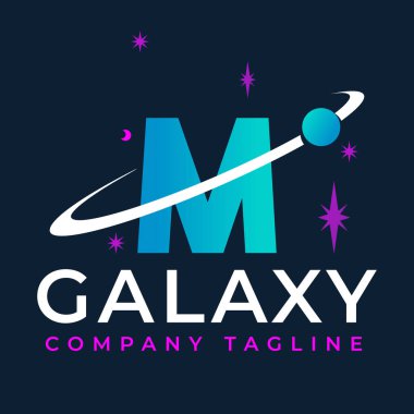 M harfindeki Galaxy Şablonu. Gezegen Logosu Tasarımı Konsepti