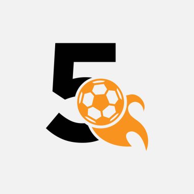 Hareketli Futbol Simgesi ve Ateş sembollü ilk Mektup 5 Futbol Logosu. Futbol Logosu Vektör Şablonu