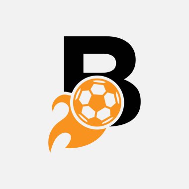Hareket eden futbol ikonu ve ateş sembollü B harfli futbol logosu. Futbol Logosu Vektör Şablonu