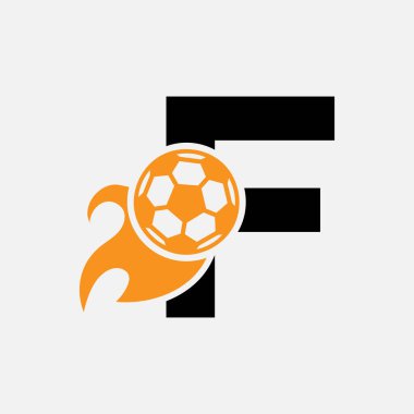 Hareket eden futbol ikonu ve ateş sembollü F harfi futbol logosu kavramı. Futbol Logosu Vektör Şablonu