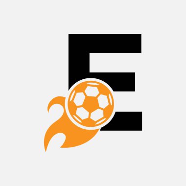 Hareket eden futbol ikonu ve ateş sembollü E harfi futbol logosu kavramı. Futbol Logosu Vektör Şablonu