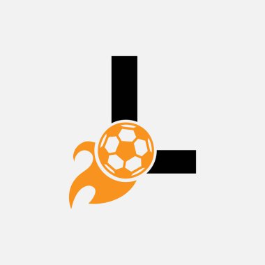 Hareket eden futbol ikonu ve ateş sembollü L harfi futbol logosu kavramı. Futbol Logosu Vektör Şablonu