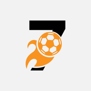 İlk Harf 7 Futbol Logosu Hareketli Futbol Simgesi ve Ateş sembolü. Futbol Logosu Vektör Şablonu